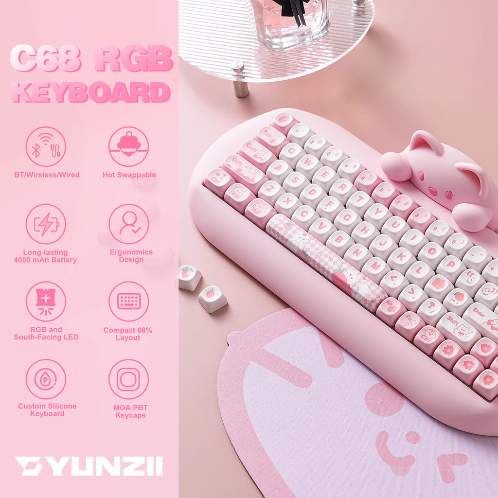 Wireless Gaming Keyboard, Hi-Fi Cute Cat Custom RGB Mechanical Keyboard, Silicone 65% Hot Swap Ergonomic Kitty Keeb