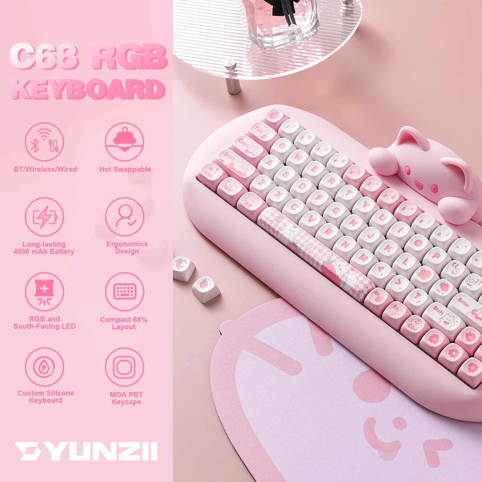 Wireless Gaming Keyboard, Hi-Fi Cute Cat Custom RGB Mechanical Keyboard, Silicone 65% Hot Swap Ergonomic Kitty Keeb