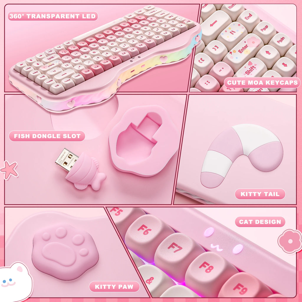 Pink Wireless Mechanical Keyboard, 75% Creamy Hot Swap RGB Keyboard, Gasket Mount Cute Cake Design for Win/Mac/Gaming