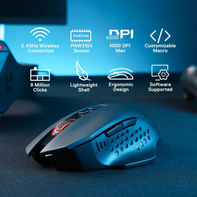 Wireless Gaming Mouse, 4000 DPI 2.4Ghz Wireless Gamer Mouse w/ 5 DPI Levels, 7 Macro Buttons, Red LED Backl