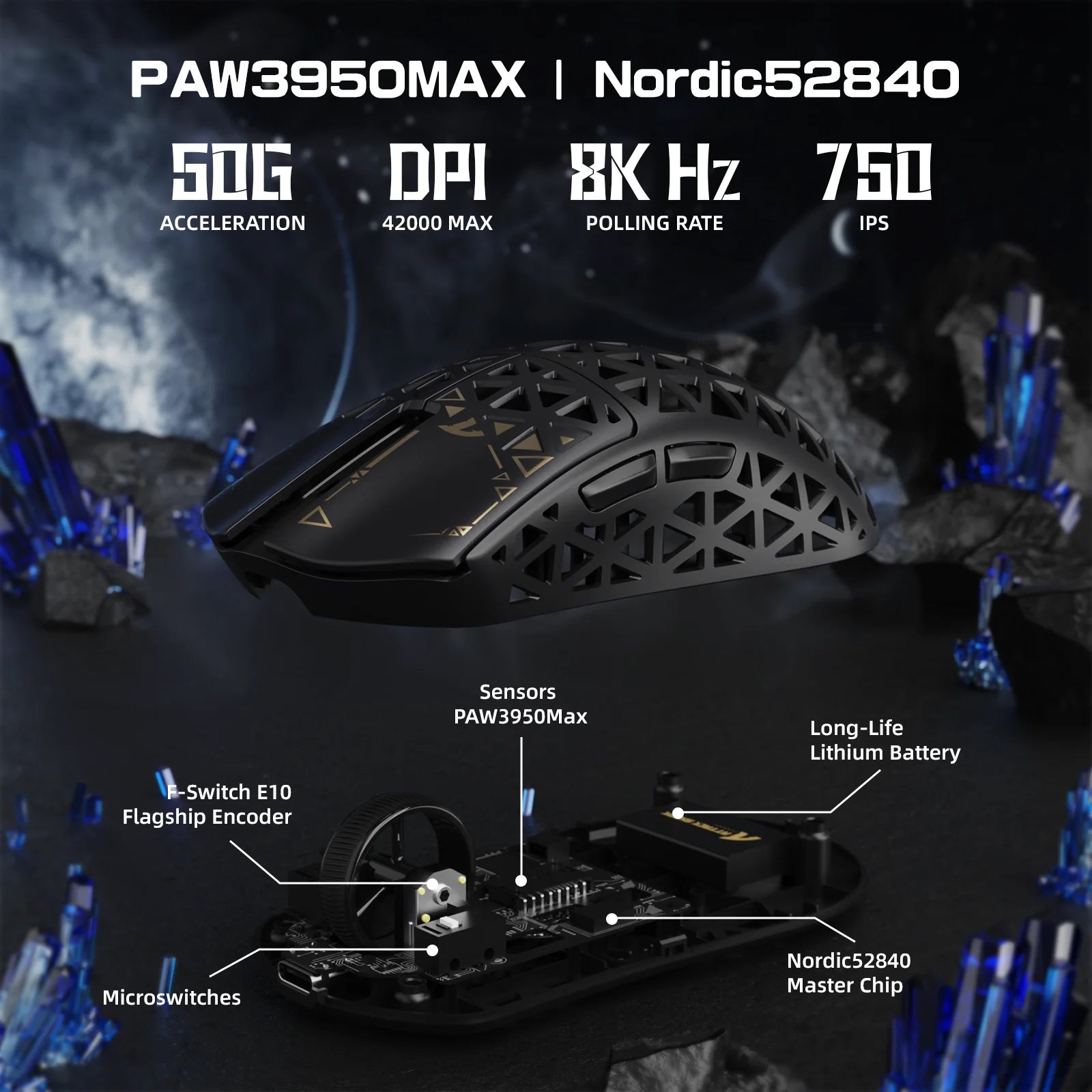 Ultra 8K Carbon Fiber Wireless Gaming Mouse with 42000 DPI-PAW3950 MAX Sensor -39g Ultra-Lightweight for Win/Mac