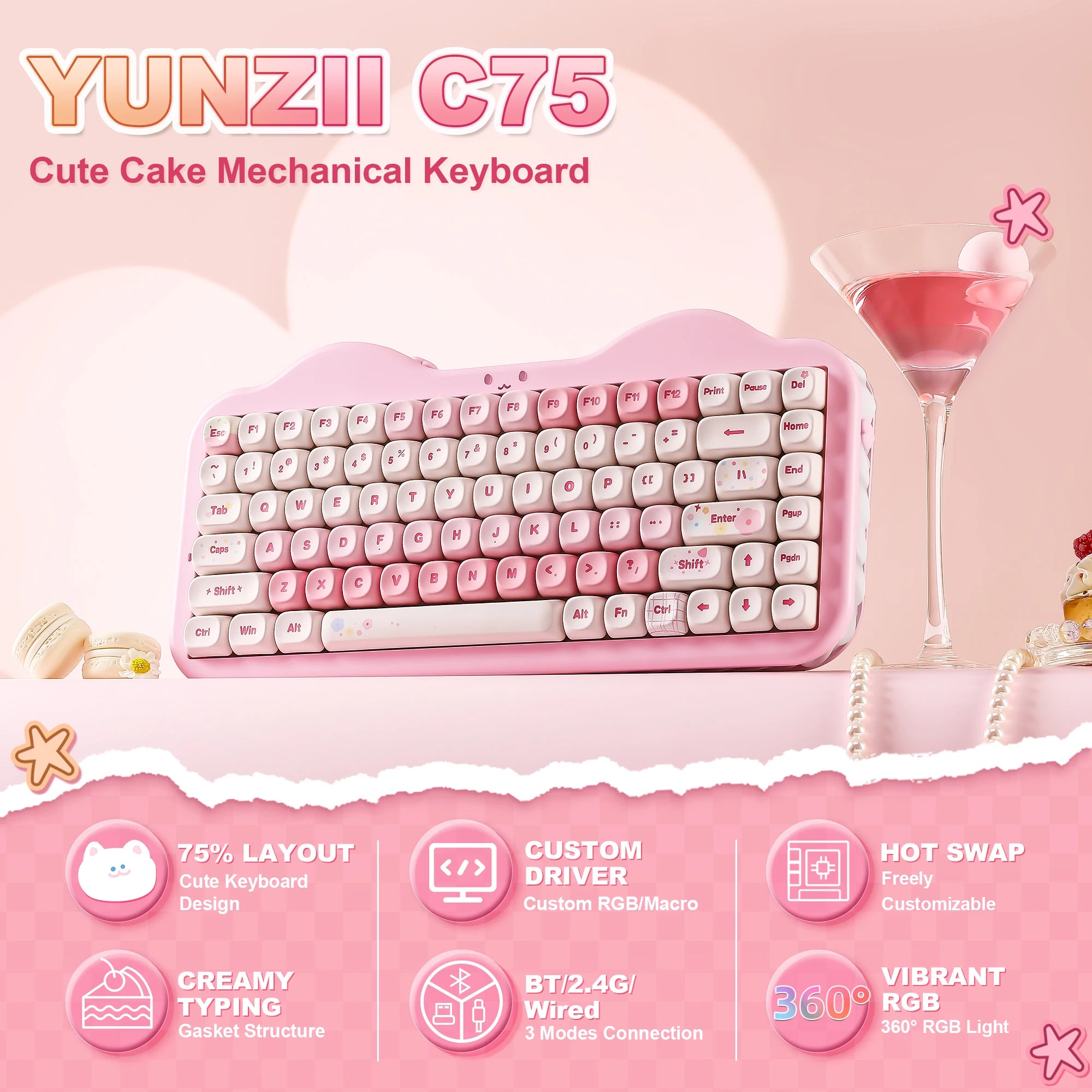 Pink Wireless Mechanical Keyboard, 75% Creamy Hot Swap RGB Keyboard, Gasket Mount Cute Cake Design for Win/Mac/Gaming