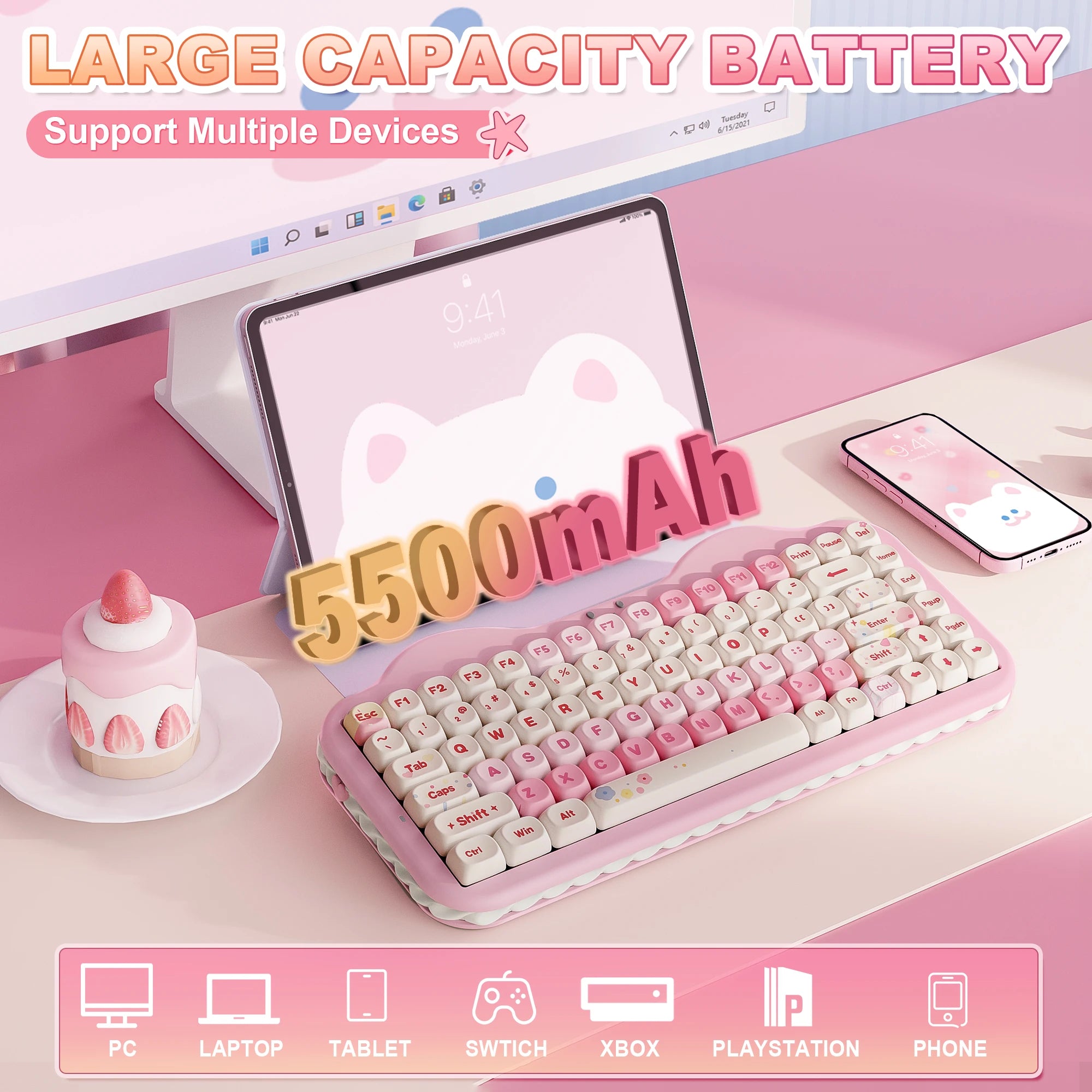 Pink Wireless Mechanical Keyboard, 75% Creamy Hot Swap RGB Keyboard, Gasket Mount Cute Cake Design for Win/Mac/Gaming