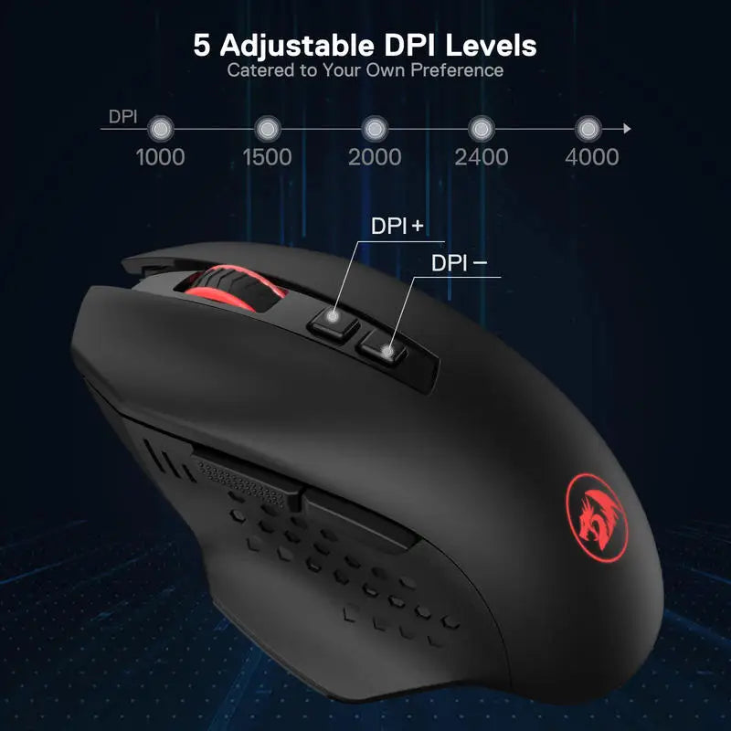 Wireless Gaming Mouse, 4000 DPI 2.4Ghz Wireless Gamer Mouse w/ 5 DPI Levels, 7 Macro Buttons, Red LED Backl