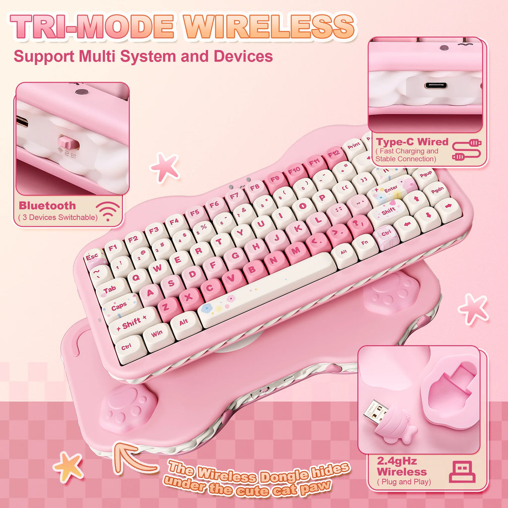 Pink Wireless Mechanical Keyboard, 75% Creamy Hot Swap RGB Keyboard, Gasket Mount Cute Cake Design for Win/Mac/Gaming